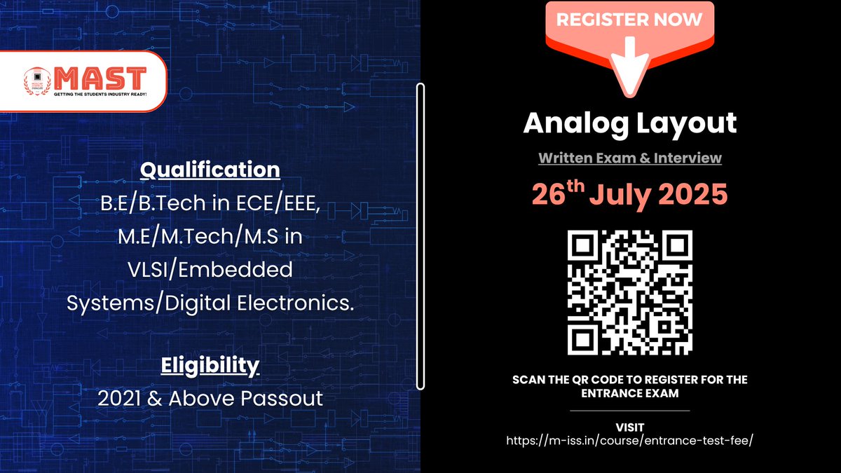 Admissions Open for Analog Layout Training!
Perfect for Freshers, VLSI Aspirants
Gain Practical Experience with Real-Time Layout Projects
Register Now for the Offline Exam &amp; Interview

Register here - lnkd.in/gbrTuVAw x.com/messages/compo…