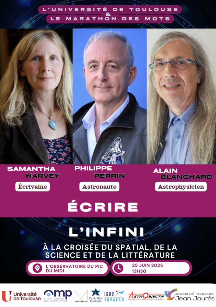 Observatoire MP (@obsmip) on Twitter photo ✨A la croisée du "#spatial, de la #science et de la #litterature
𝐴𝑣𝑒𝑐 𝐒𝐚𝐦𝐚𝐧𝐭𝐡𝐚 𝐇𝐚𝐫𝐯𝐞𝐲, 𝐏𝐡𝐢𝐥𝐢𝐩𝐩𝐞 𝐏𝐞𝐫𝐫𝐢𝐧 𝑒𝑡 𝐀𝐥𝐚𝐢𝐧 𝐁𝐥𝐚𝐧𝐜𝐡𝐚𝐫𝐝
📅 mercredi 25 juin 2025 à 13H30
📍au <a href="/PicduMidi/">Pic du Midi</a>
👉 univ-tlse3.fr/campus/maratho…
#Marathondesmots ✨A la croisée du "#spatial, de la #science et de la #litterature
𝐴𝑣𝑒𝑐 𝐒𝐚𝐦𝐚𝐧𝐭𝐡𝐚 𝐇𝐚𝐫𝐯𝐞𝐲, 𝐏𝐡𝐢𝐥𝐢𝐩𝐩𝐞 𝐏𝐞𝐫𝐫𝐢𝐧 𝑒𝑡 𝐀𝐥𝐚𝐢𝐧 𝐁𝐥𝐚𝐧𝐜𝐡𝐚𝐫𝐝
📅 mercredi 25 juin 2025 à 13H30
📍au <a href="/PicduMidi/">Pic du Midi</a>
👉 univ-tlse3.fr/campus/maratho…
#Marathondesmots