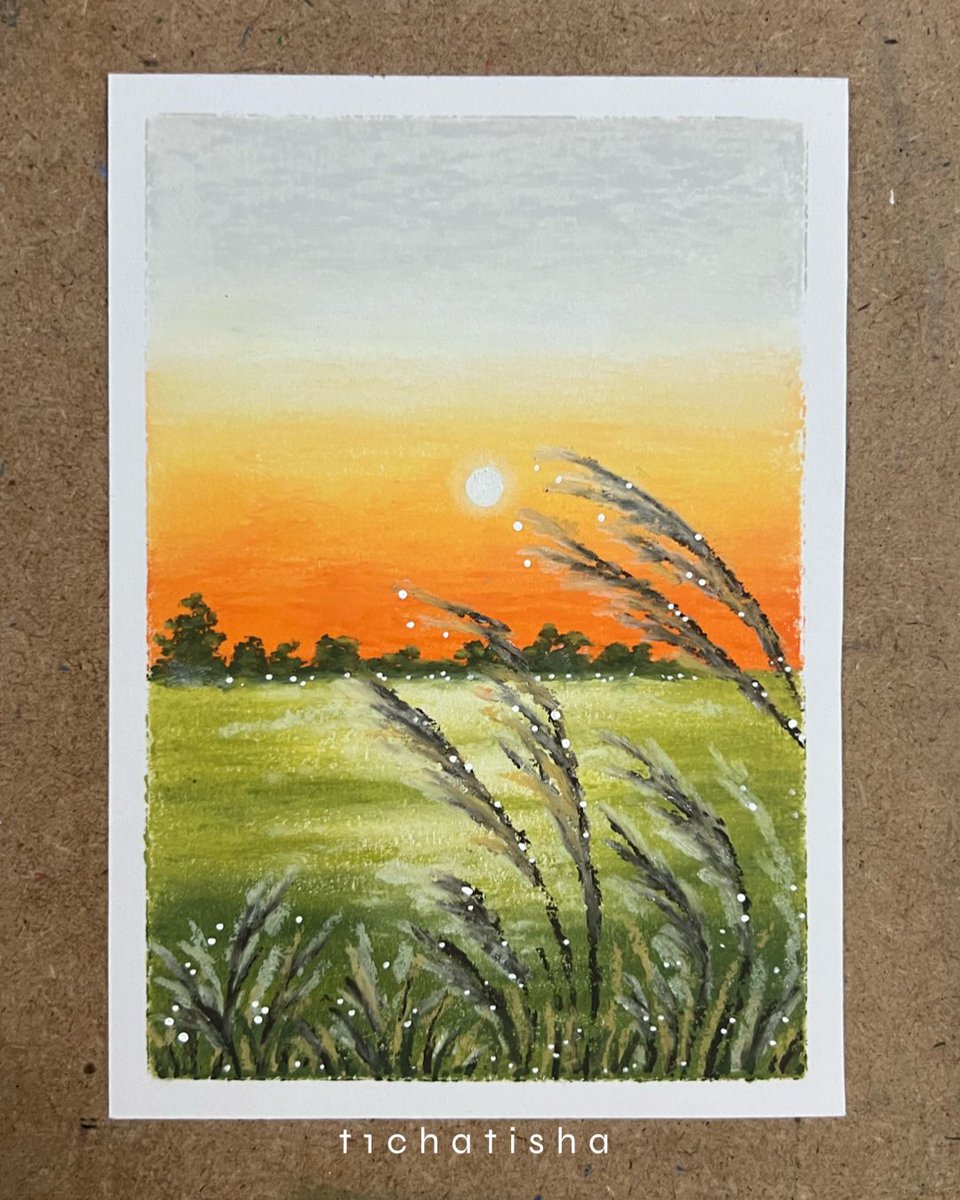 เราชอบรูปนี้มากก เป็นรูปที่วาดไม่นาน รายละเอียดไม่เยอะ แอบคล้ายทุ่งนาแถวบ้าน รู้สึกอยากกลับบ้านเลยแฮะ ☀️ ｡•◡•｡*: ꒰ winter.ori 💐 ꒱ #ทิชาสิวาด #oilpastel #สีชอล์ค #สีชอล์ก #mungyo