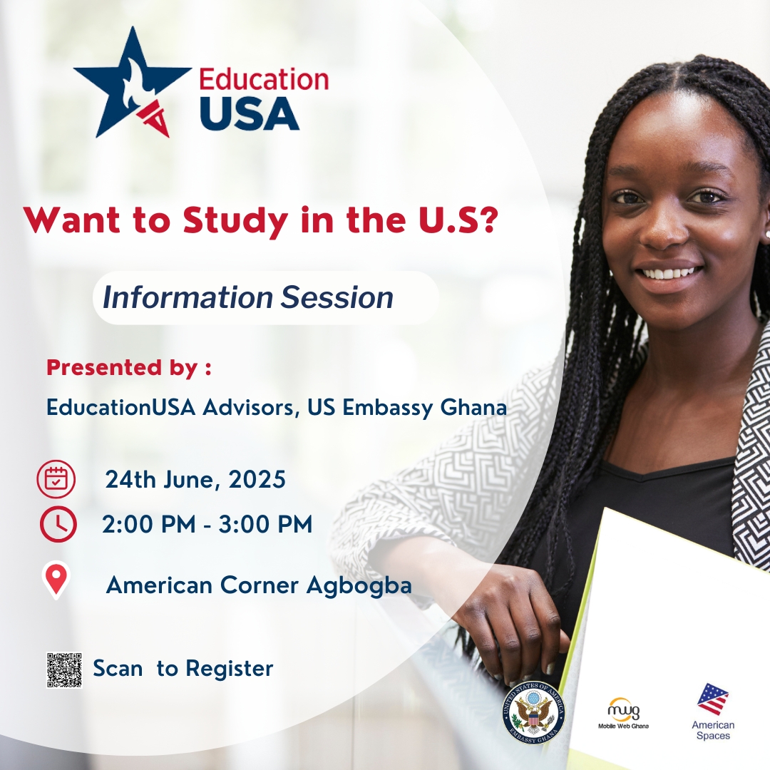 MobileWebGhana's tweet image. Thinking of studying in the U.S.? Don’t miss the EducationUSA Info Session happening tomorrow, June 24 at 2PM 

Join us at American Corner Agbogba for expert guidance on your study journey!

Register free: smpl.is/9vder
#educationusa #studyintheusa #mobilewebghana