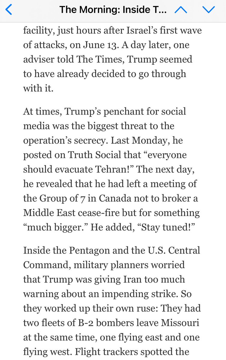 The Pentagon ordered a diversionary flight of B-2 bombers as misdirection, per NYT, because they were afraid Trump was giving the attack away to Iran via his social media posts
nytimes.com/2025/06/23/bri…