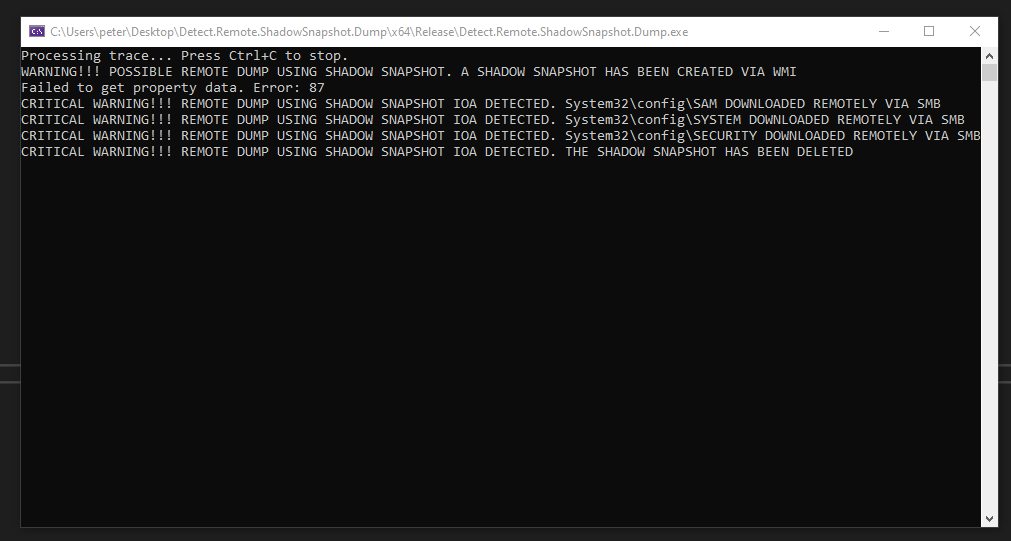 Credentials access via Shadow Snapshots, WMI and SMB, all done remotely.

Technique implemented inside impacket framework accompanied with detection automation utilizing ETW providers: Microsoft-Windows-WMI-Activity + Microsoft-Windows-SMBServer.

A technique developed by Peter