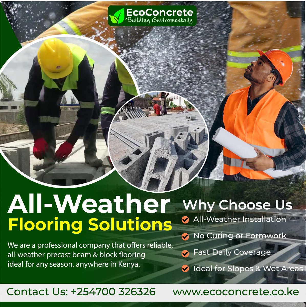 The EcoConcrete ready flooring system is engineered to perform in all weather conditions—rain or shine. Unlike traditional in-situ slabs that rely on perfect weather for curing and installation, our precast solution arrives ready to install, ensuring projects stay on schedule
