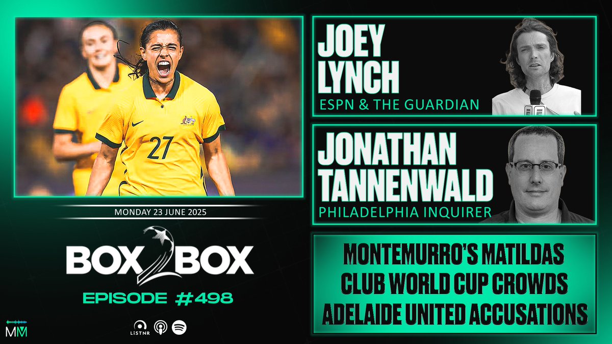 Moloney Media (@moloney_media) on Twitter photo ⚽️🎙️ The latest <a href="/Box2BoxNTS/">Box2Box</a> is live!
Matildas’ new boss Joe Montemurro preps for Slovenia in Perth. ESPN's <a href="/joeylynchy/">Joey Lynch</a> discusses key storylines for the team’s next 18 months with <a href="/robgilbert1966/">Robert Gilbert</a> and <a href="/michaeledgley/">Michael Edgley</a>.
The USA is buzzing with the Club World Cup. <a href="/thegoalkeeper/">Jonathan Tannenwald</a> from ⚽️🎙️ The latest <a href="/Box2BoxNTS/">Box2Box</a> is live!
Matildas’ new boss Joe Montemurro preps for Slovenia in Perth. ESPN's <a href="/joeylynchy/">Joey Lynch</a> discusses key storylines for the team’s next 18 months with <a href="/robgilbert1966/">Robert Gilbert</a> and <a href="/michaeledgley/">Michael Edgley</a>.
The USA is buzzing with the Club World Cup. <a href="/thegoalkeeper/">Jonathan Tannenwald</a> from