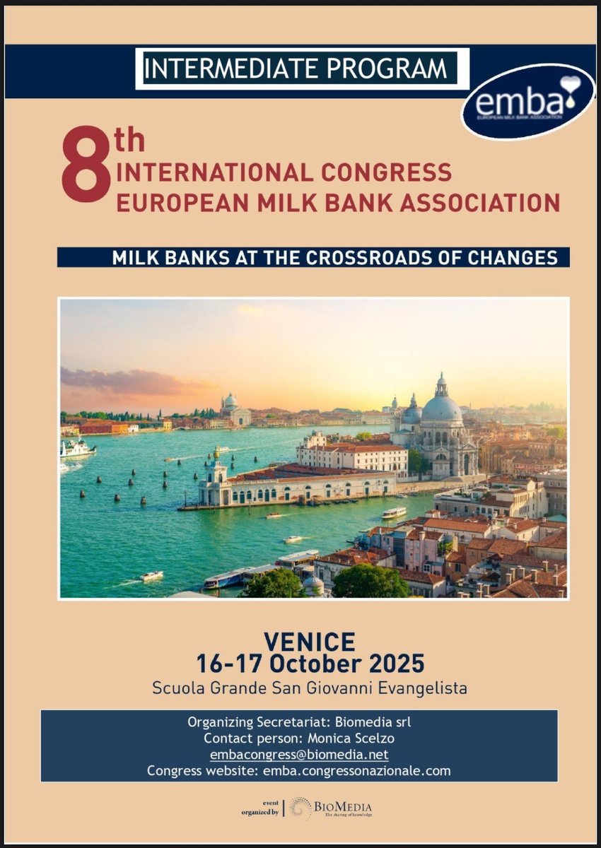 AEbancosleche's tweet photo. 📣📣Save The Date: 16-17 Octubre 2025. 👶🏼👶🏼 8th Congreso Internacional de la Asociación Europea de Bancos de Leche. Venecia. Te esperamos. 💻📝Inscríbete!👩‍🍼👩‍🍼 https://t.co/shNrqS6tdq