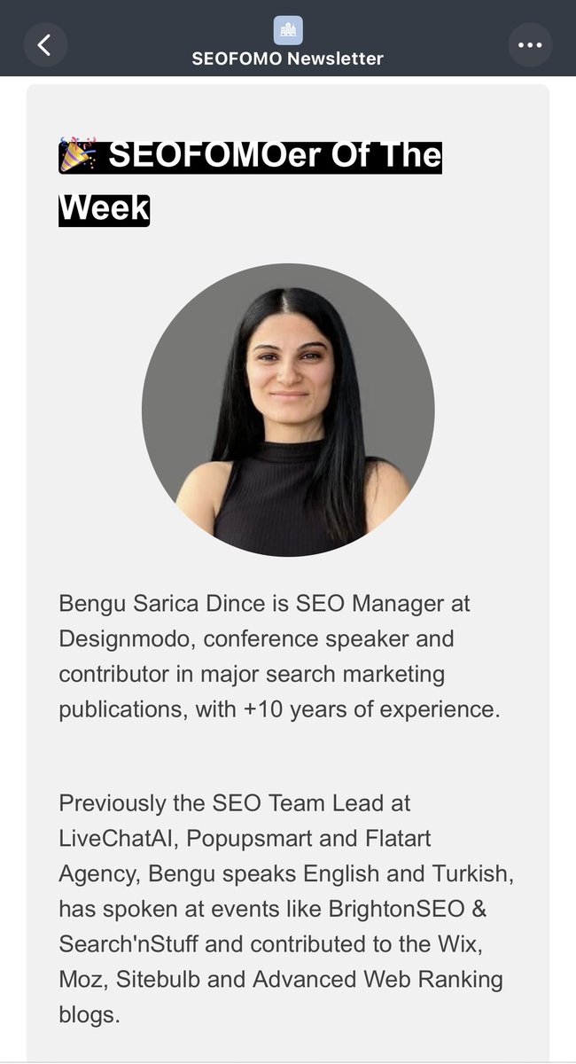 Bengü Sarıca Dinçer (@bngsrc) on Twitter photo It’s a big honor to be mentioned as the SEOFOMOer of the week by <a href="/aleyda/">Aleyda Solis 🕊️</a> 👑 She is such a supportive, kind and so wise person and we are lucky to have her in the marketing space 🙌🏻
If you haven't subscribed the SEOFOMO newsletter yet, now it’s time: hub.seofomo.co It’s a big honor to be mentioned as the SEOFOMOer of the week by <a href="/aleyda/">Aleyda Solis 🕊️</a> 👑 She is such a supportive, kind and so wise person and we are lucky to have her in the marketing space 🙌🏻
If you haven't subscribed the SEOFOMO newsletter yet, now it’s time: hub.seofomo.co
