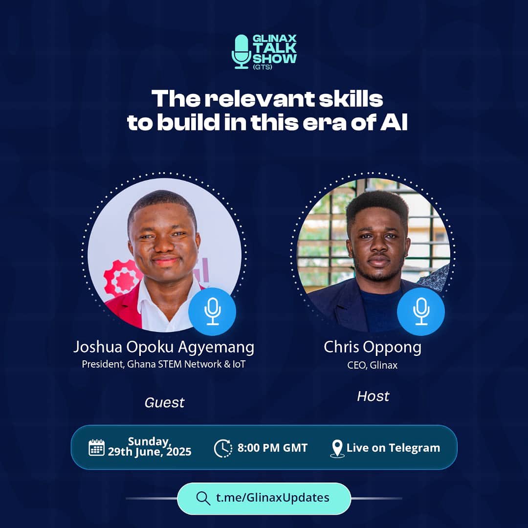 Glinax (@glinax_) on Twitter photo We shall host <a href="/joshoaotoo/">Joshua Opoku Agyemang</a>, president of <a href="/GHSTEMNetwork/">Ghana STEM Network</a> and <a href="/iotnetworkhub/">IoT Network Hub - Africa</a> this Sunday, 8pm, live on <a href="/telegram/">Telegram Messenger</a>.
<a href="/joshoaotoo/">Joshua Opoku Agyemang</a> will discuss with us the relevant skills to master in this era of Ai, for us to stay relevant and irreplaceable.
Join here: t.me/GlinaxUpdates?… We shall host <a href="/joshoaotoo/">Joshua Opoku Agyemang</a>, president of <a href="/GHSTEMNetwork/">Ghana STEM Network</a> and <a href="/iotnetworkhub/">IoT Network Hub - Africa</a> this Sunday, 8pm, live on <a href="/telegram/">Telegram Messenger</a>.
<a href="/joshoaotoo/">Joshua Opoku Agyemang</a> will discuss with us the relevant skills to master in this era of Ai, for us to stay relevant and irreplaceable.
Join here: t.me/GlinaxUpdates?…