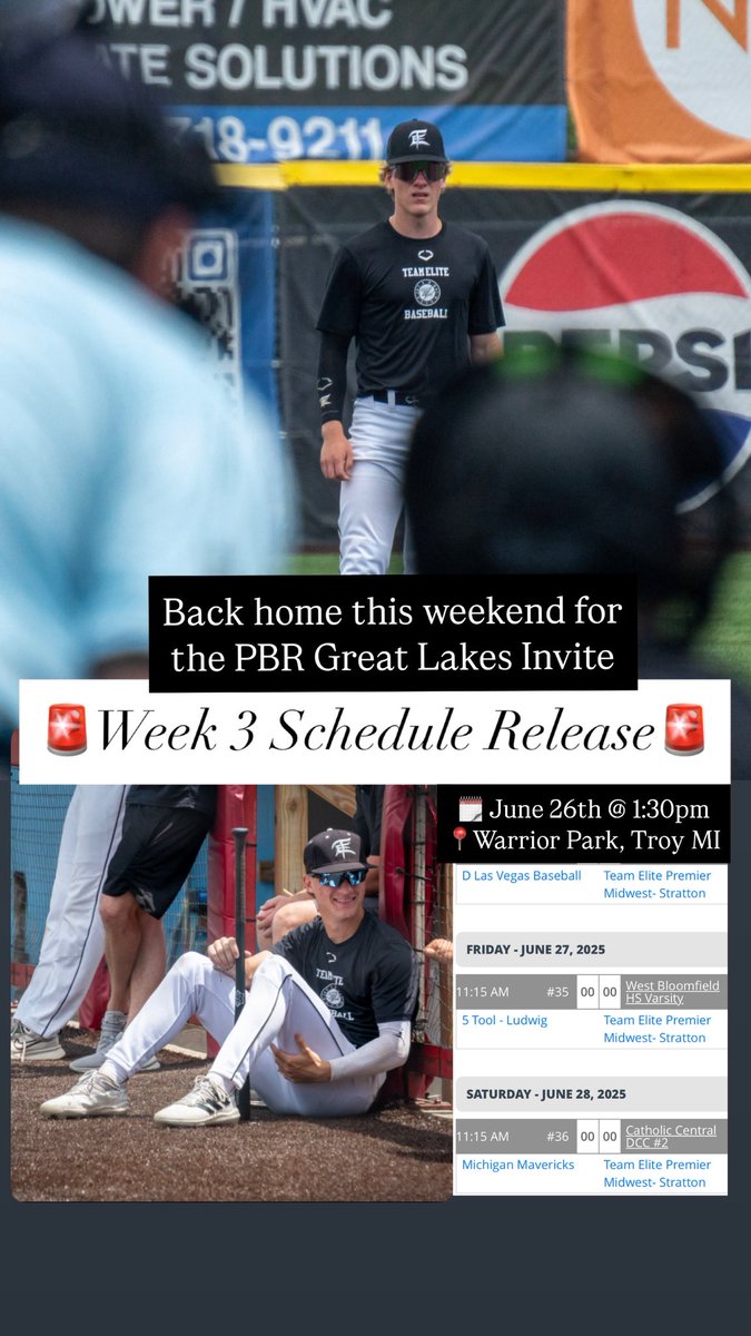 Coach Mike Benner (@coach_benner) on Twitter photo ‼️🚨Week 3 is here already‼️🚨
<a href="/TeamEliteMW/">Team Elite Premier Midwest</a> will battle in the <a href="/PBRTournaments/">Prep Baseball Tournaments</a> Great Lakes Invite back home across Metro Detroit this weekend!
Coming off an Elite 8 finish in Kentucky/Cincinnati, the boys look to get the train back rolling ⚾️
<a href="/CoachMStratton/">Matt Stratton</a> <a href="/TopLVLRecruits/">Top Level Recruits</a> ‼️🚨Week 3 is here already‼️🚨
<a href="/TeamEliteMW/">Team Elite Premier Midwest</a> will battle in the <a href="/PBRTournaments/">Prep Baseball Tournaments</a> Great Lakes Invite back home across Metro Detroit this weekend!
Coming off an Elite 8 finish in Kentucky/Cincinnati, the boys look to get the train back rolling ⚾️
<a href="/CoachMStratton/">Matt Stratton</a> <a href="/TopLVLRecruits/">Top Level Recruits</a>