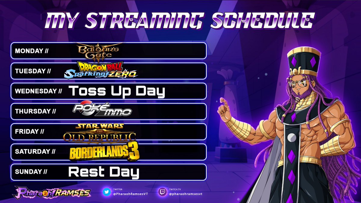 Greetings, my Khem'mites!
The Pharaoh of Destruction is well-rested and divine order resumes. 👁️✨
Now, back to our streaming schedule for the week:

🧠 Monday – Baldur’s Gate 3 w/ <a href="/CanisNebula/">FreneticFox</a> | 7PM KST
⚡ Tuesday – Dragon Ball: Sparking Zero (Shallot DLC) | 7PM KST
🎮 Thursday
