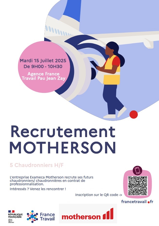 📢 #JobDating #AvecFranceTravail sur l'un des secteurs porteur du Béarn : l' #aéronautique ✈

Recrutement ouvert à tous, sans CV, via la #MRS (méthode de recrutement par simulation).

🎯 Inscriptions ici > mesevenementsemploi.francetravail.fr/mes-evenements…

🔎<a href="/MothersonGroup/">Motherson Group</a>