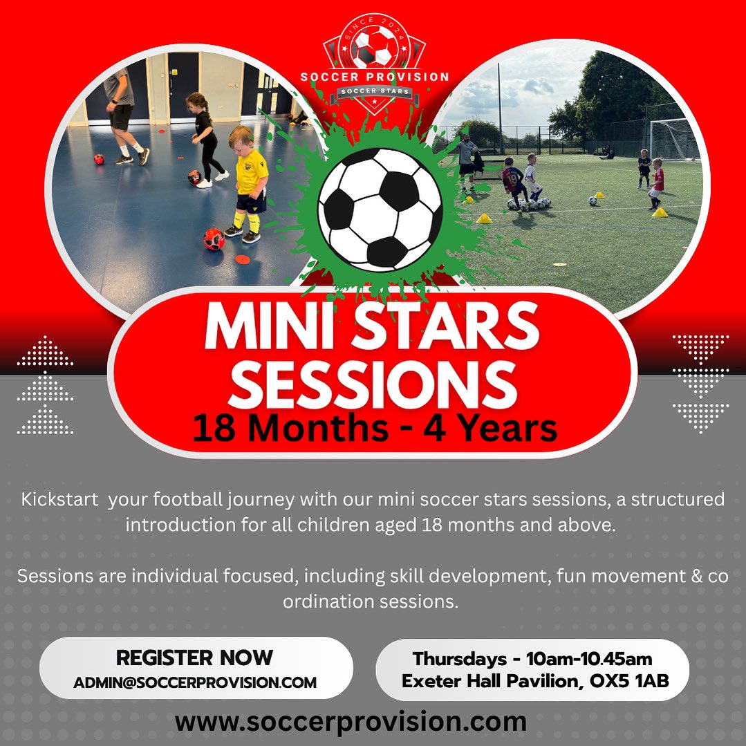 ⭐️ Mini Stars ⭐️

45 minute sessions for all Tots aged 18 months to 4 years. Mini Stars is a fun, engaging &amp; play orientated environment. The perfect positive introduction to football sessions, where parent &amp; coach participation will support individual development.