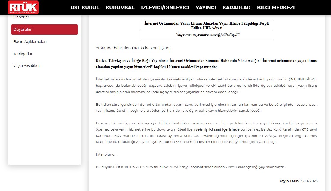 RTÜK, Fatih Altaylı'nın Youtube kanalına lisans alma zorunluluğu getirdi. Lisans alınmadığı takdirde kanal erişime kapatılabilecek.