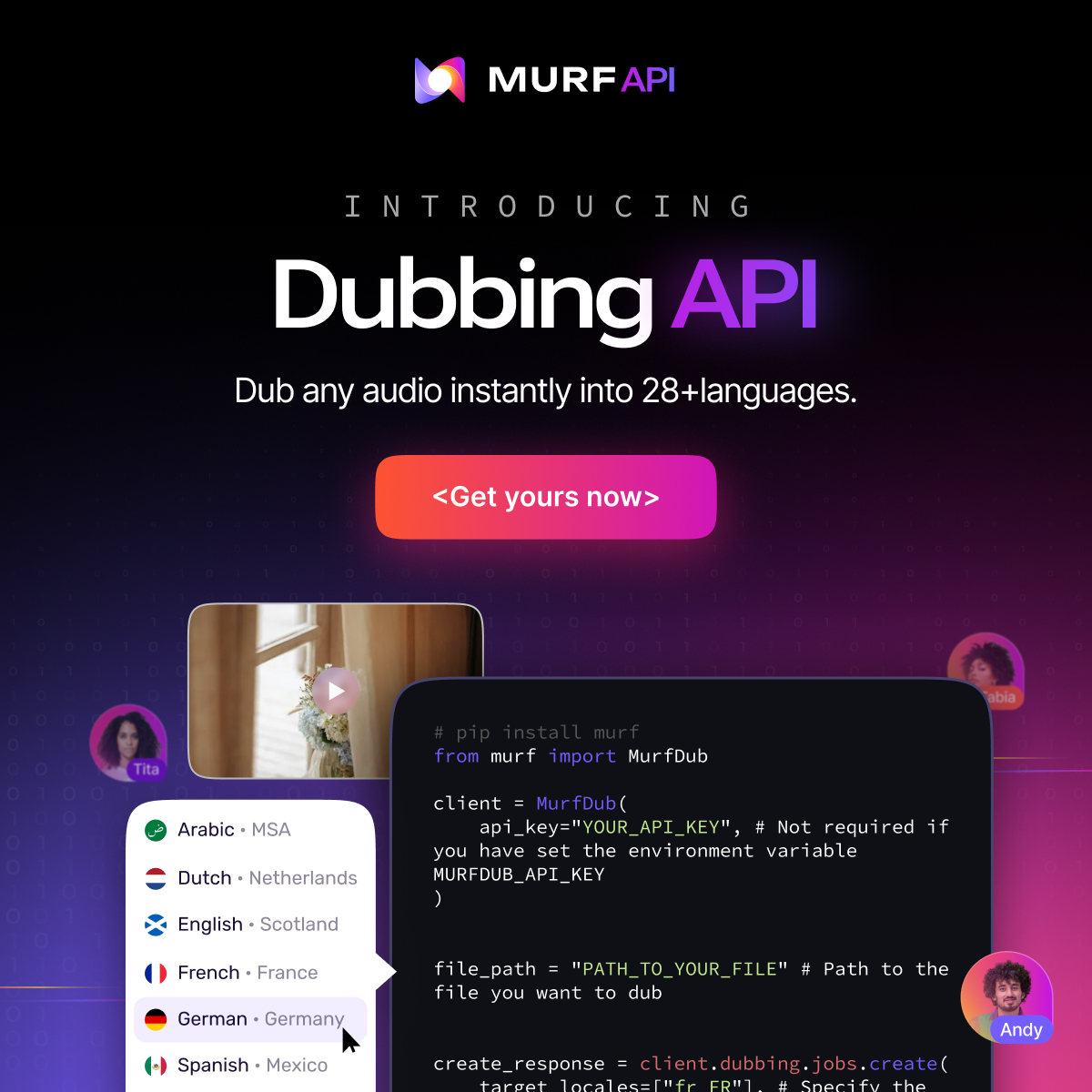 MurfAIStudio's tweet image. Your videos speak volumes.
Now make them speak every language.
Automate it all with the Murf Dubbing API.
#murfapi