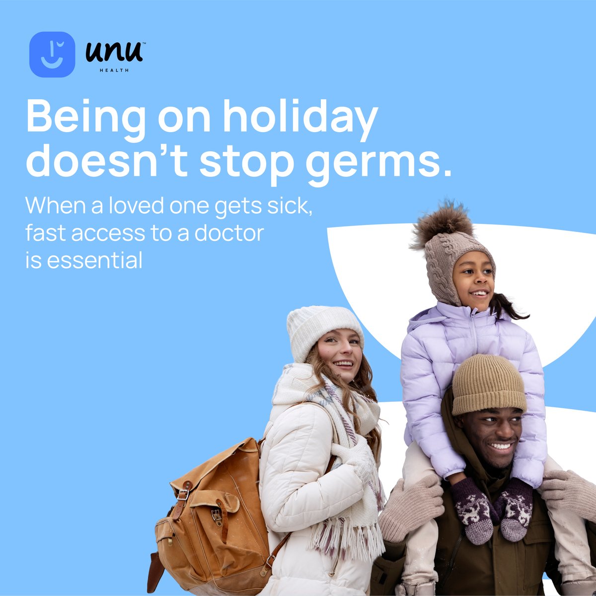 UnuHealth's tweet photo. Just because you're on holiday, doesn't mean germs are too. 
When you're far from home and someone gets sick, the last thing you want is a struggle/a mission to find a doctor. 

With the Unu Health App, you can: 
👉 See a private doctor from your phone 
👉 Get help on evenings, weekends & holidays — no extra fees 
👉 Connect via video, voice, text or chat — whatever works for you 
👉 Avoid queues and clinics altogether 

And if you're worried about someone who's not with you on holiday — 
🎁Just send them an Unu CareCard voucher for a doctor’s visit or blood test. Buy. Load & share 

Because care should travel with you — wherever you go. ✈️