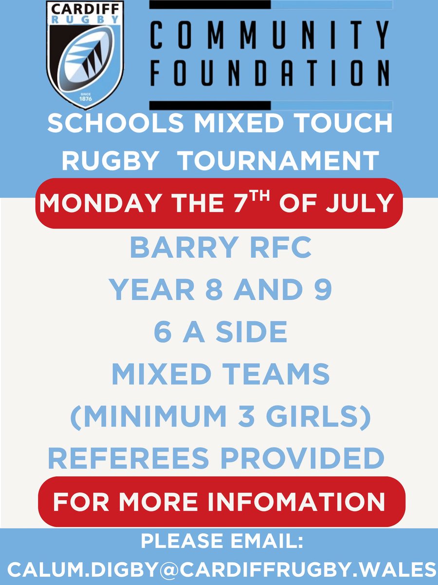 Cardiff Rugby Community Foundation (@crugbycommunity) on Twitter photo 🏉 SCHOOLS MIXED TOUCH RUGBY TOURNAMENT
📍 Barry RFC
📅 Monday 7th July
👥 Year 8 & 9 | Mixed Teams (min. 3 girls) | 6-a-side
🧑⚖️ Referees provided!
📩 To enter, email: calum.digby@cardiffrugby.wales
#TouchRugby #CardiffRugby #SchoolsRugby #BarryRFC #YouthSport 🏉 SCHOOLS MIXED TOUCH RUGBY TOURNAMENT
📍 Barry RFC
📅 Monday 7th July
👥 Year 8 & 9 | Mixed Teams (min. 3 girls) | 6-a-side
🧑⚖️ Referees provided!
📩 To enter, email: calum.digby@cardiffrugby.wales
#TouchRugby #CardiffRugby #SchoolsRugby #BarryRFC #YouthSport