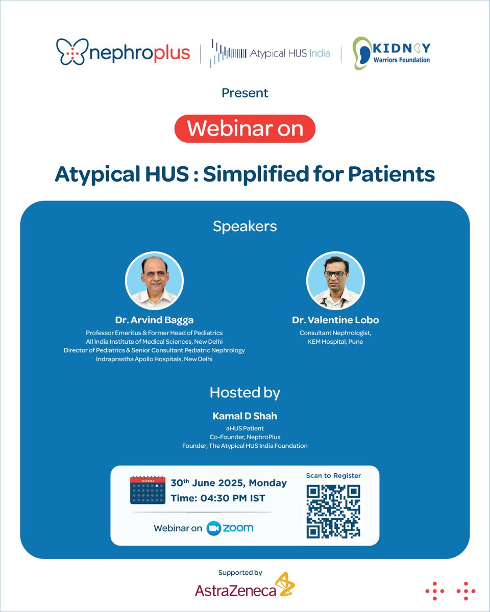 Atypical HUS made simple 
Join our patient-focused webinar with Dr. Arvind Bagga and Dr. Valentine Lobo, hosted by Kamal D Shah.

📅 30 June | 🕟 4:30 PM IST | 💻 Zoom

Scan the QR to register &amp; learn more.

#NephroPlus #webinar