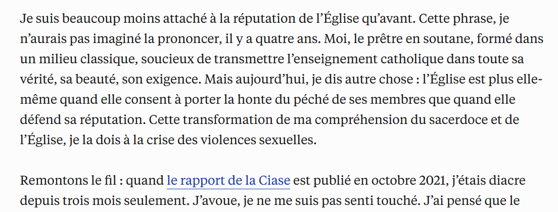 Héloïse de Neuville (@heloise_dn) on Twitter photo "Je suis beaucoup moins attaché à la réputation de l’Église qu’avant. Cette phrase, je n’aurais pas imaginé la prononcer..." L'abbé <a href="/ClemBarre/">Abbé Clément Barré</a> sur la manière dont la crise des violences sexuelles dans l’Église a changé son sacerdoce. A lire ici ⤵️
la-croix.com/religion/la-re… "Je suis beaucoup moins attaché à la réputation de l’Église qu’avant. Cette phrase, je n’aurais pas imaginé la prononcer..." L'abbé <a href="/ClemBarre/">Abbé Clément Barré</a> sur la manière dont la crise des violences sexuelles dans l’Église a changé son sacerdoce. A lire ici ⤵️
la-croix.com/religion/la-re…