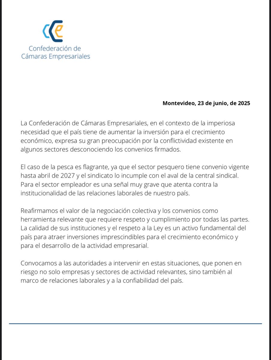 Comunicado de la Confederación de Cámaras Empresariales en relación a la conflictividad existente en
algunos sectores desconociendo los convenios firmados. 👇