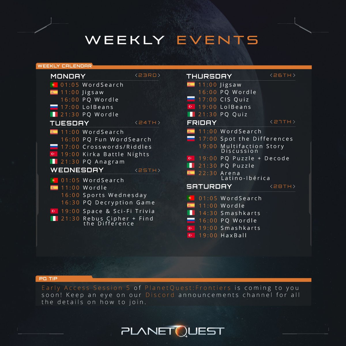 Weekly Community #PQEvents Overview! ✨

All times are CET ⏰ and keep an eye on our Discord for all the details on Early Access Session 5!