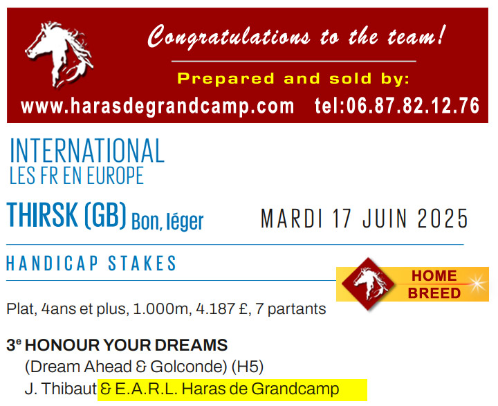 Congratulations #Honour_Your_Dreams, and team, 3rd Handicap Stakes / Thirsk (GB) - 2025.06.17 
Honour Your Dreams, born, raised and sold by HDG🙂
harasdegrandcamp.com