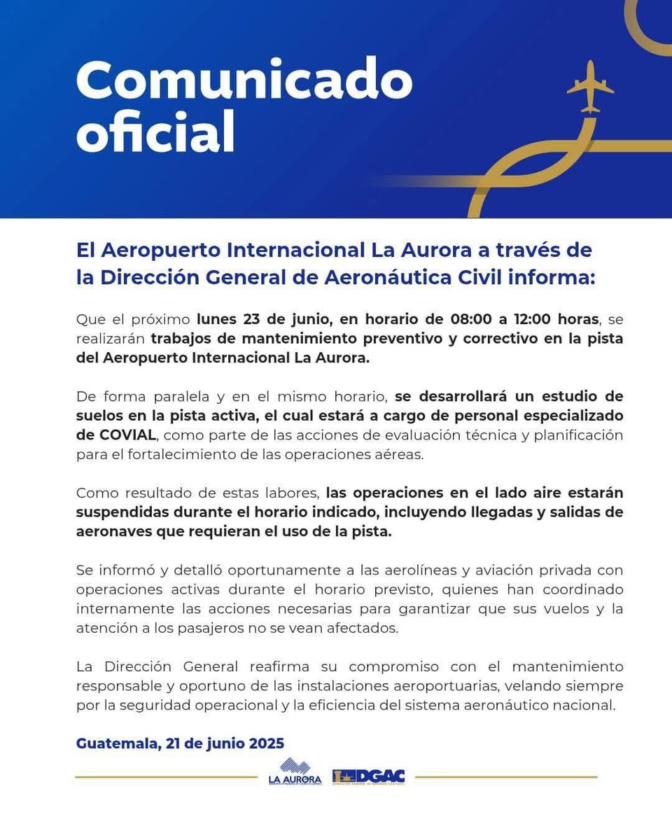 Las operaciones aéreas del Aeropuerto Internacional La Aurora estarán suspendidas este lunes de 8 AM a 12 PM por trabajos de mantenimiento preventivo y correctivo en la pista.

Vía: <a href="/ArlettG_/">Arlett Gonzalez</a>