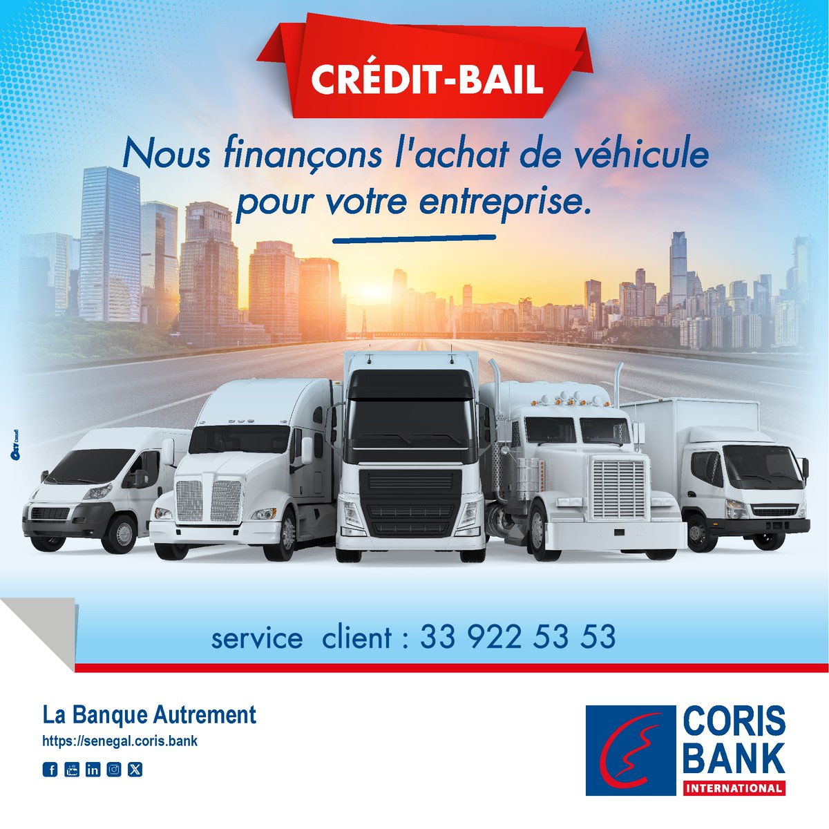 Obtenez des véhicules pour votre entreprise avec Crédit-Bail Coris !
Nous vous offrons le financement nécessaire pour acquérir les véhicules dont vous avez besoin pour le bon fonctionnement de votre société. Profitez de notre solution !
Contactez-nous au 33 922 53 53.