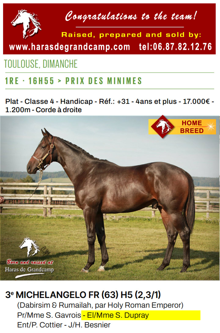 Congratulations #Michelangelo, and team, 3rd Prix Des Minimes / Toulouse - 2025.06.22
Michelangelo, born, raised and sold by HDG🙂 
harasdegrandcamp.com