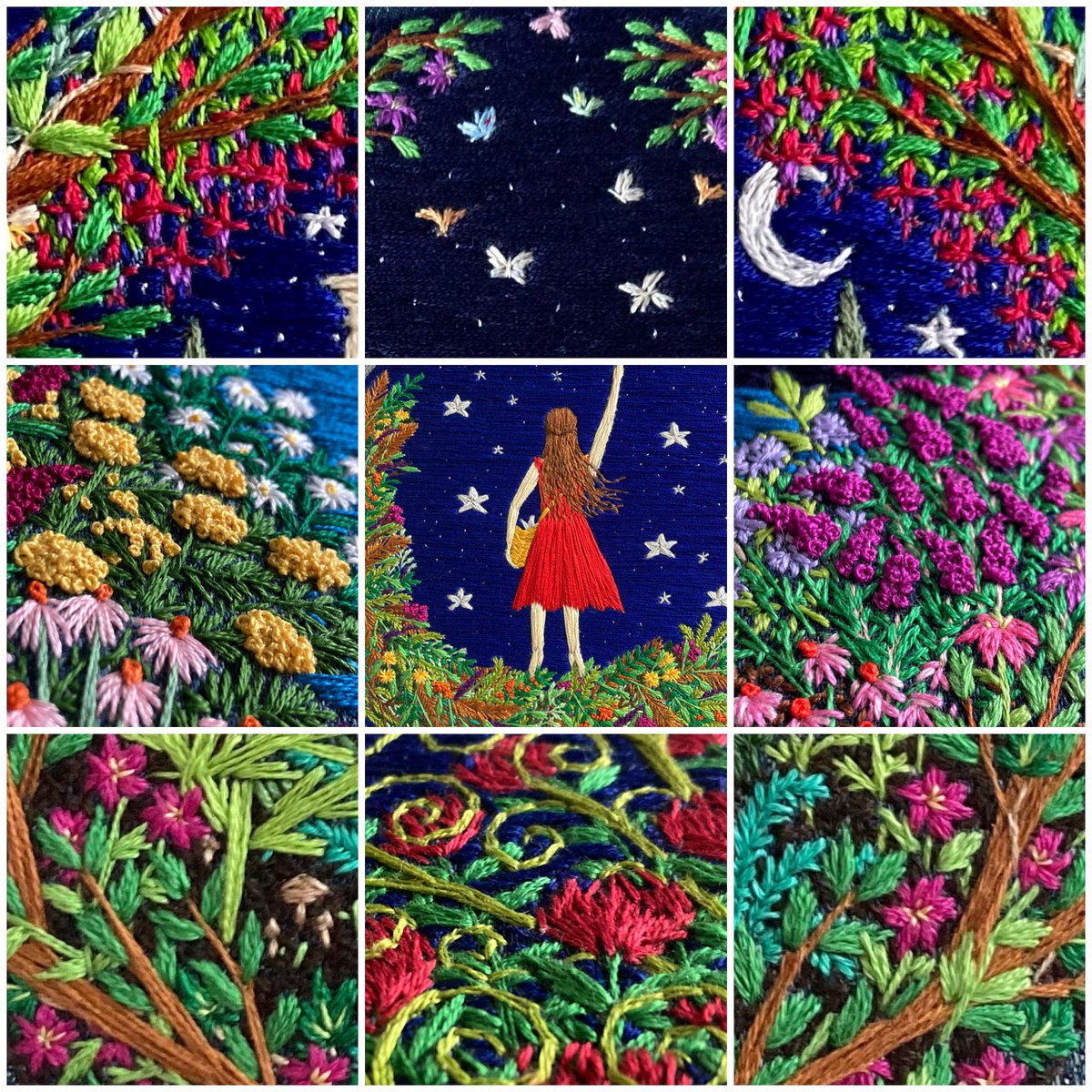 Gtilleymatthews's tweet image. A little collage to dream and wonder… 😊🪡🌿🌺💭🦋✨🌙🪻
9 little snippets of details taken from a variety my embroideries.
#stitchedart #thesewingsongbird