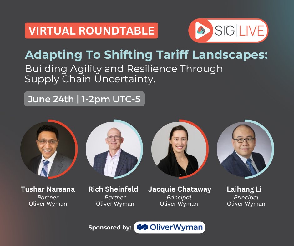 SIG|ORG (@siginsights) on Twitter photo Tomorrow, join <a href="/OliverWyman/">Oliver Wyman</a> experts for a virtual roundtable covering:
- The current tariff landscape and its impact on supply chains
- Strategies to stay agile and reduce disruption
📅 June 24 | 1-2pm EST
🔗 Register:go.sig.org/webinar-oliver… Tomorrow, join <a href="/OliverWyman/">Oliver Wyman</a> experts for a virtual roundtable covering:
- The current tariff landscape and its impact on supply chains
- Strategies to stay agile and reduce disruption
📅 June 24 | 1-2pm EST
🔗 Register:go.sig.org/webinar-oliver…