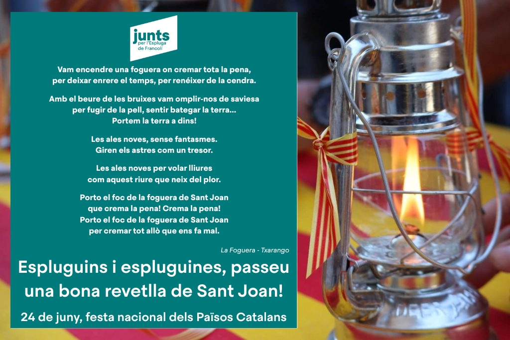 Des del Grup Municipal de Junts per l’Espluga de Francolí us desitgem que passeu una BONA REVETLLA DE SANT JOAN!

Gaudiu-la en família i amics!!!

#esplugadefrancoli #JuntsxlEspluga #Espluga2027 #JuntsxCat #FemhoJunts