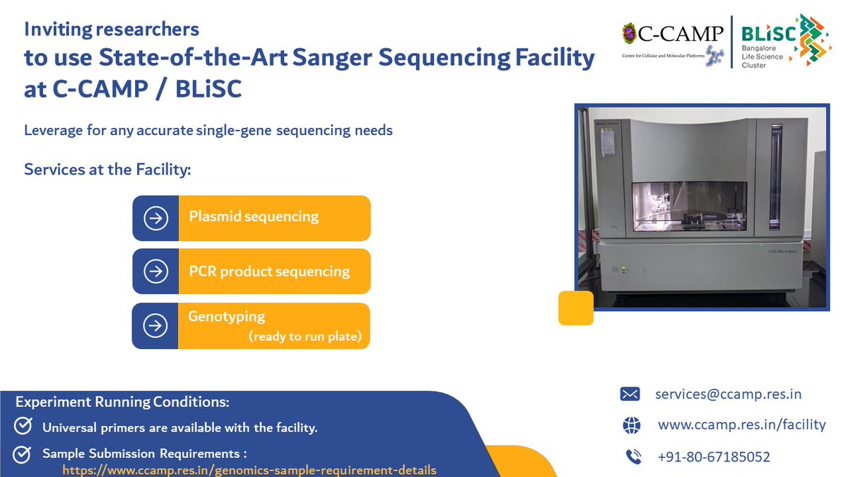 C-CAMP (@ccamp_india) on Twitter photo 🧬CCAMP <a href="/BLiSC_India/">Bangalore Life Science Cluster (BLiSC)</a> offers access to world-class Technology Platforms: Sanger Sequencing Facility. One-stop shop for all your single-gene sequencing needs!
Capabilities and Expertise
✅Targeted DNA sequencing
✅Plasmid sequencing
✅Fragment analysis
✅Microbial 🧬CCAMP <a href="/BLiSC_India/">Bangalore Life Science Cluster (BLiSC)</a> offers access to world-class Technology Platforms: Sanger Sequencing Facility. One-stop shop for all your single-gene sequencing needs!
Capabilities and Expertise
✅Targeted DNA sequencing
✅Plasmid sequencing
✅Fragment analysis
✅Microbial