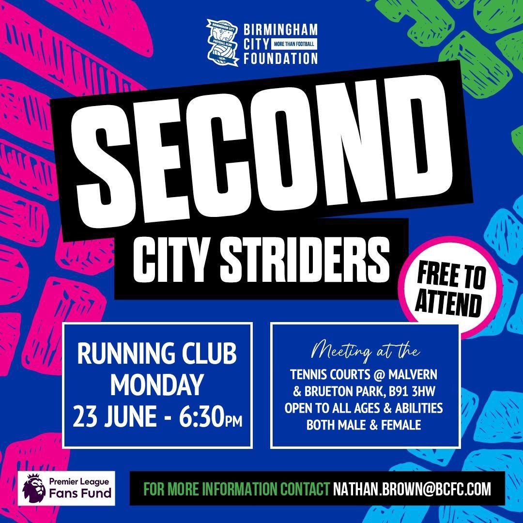 solihullBlues's tweet photo. The @Bcfc_foundation are taking their second city striders event on the road and this evening itβs in Solihull. Fancy meeting new friends running and talking all things Blues well here is your chance. 630 Brueton Park
#BCFCfoundation @oscbcfc #bluesfamily https://t.co/VDi5zo9rmU