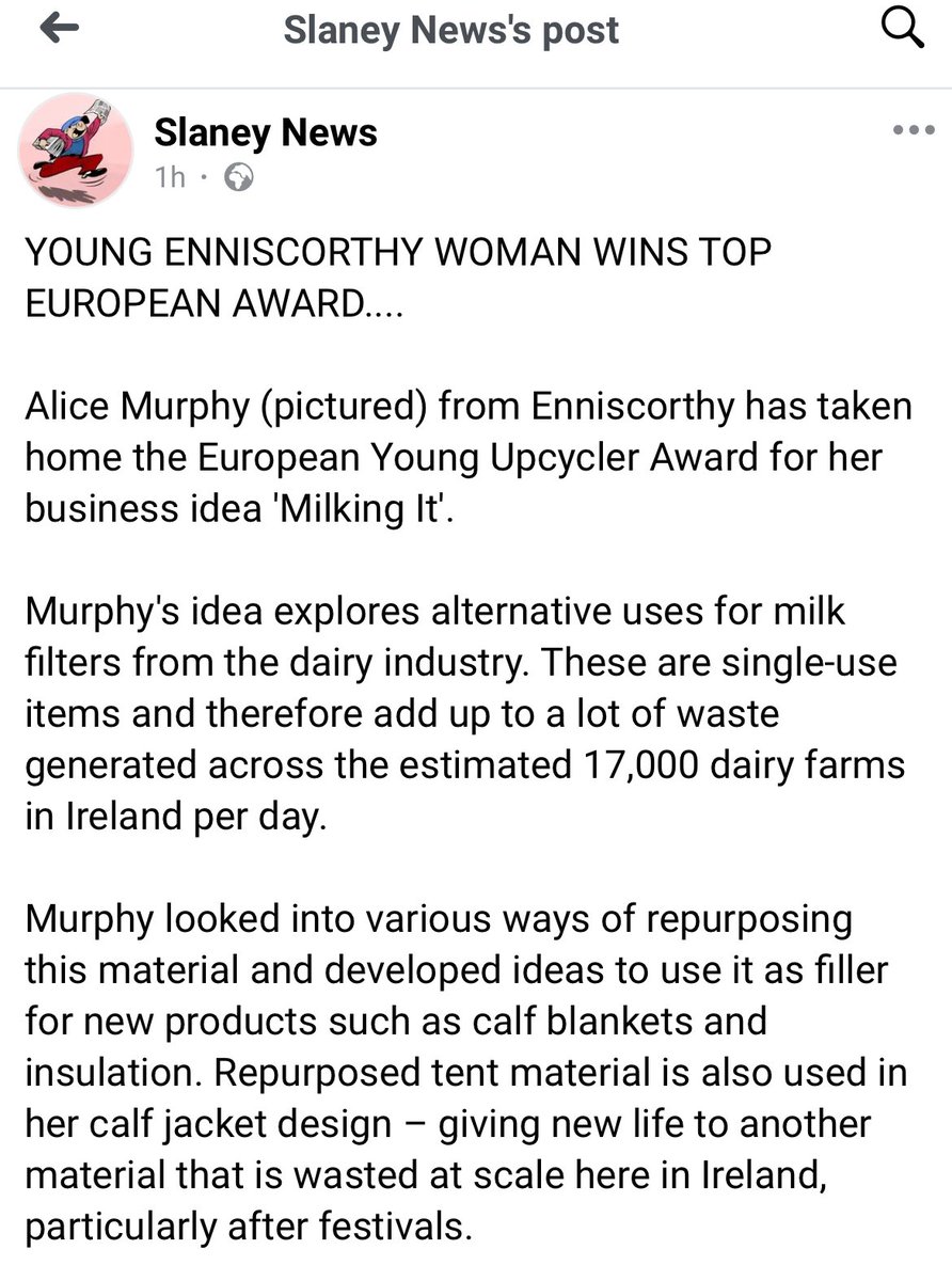 Well done to past student, Alice Murphy, on her award winning upcycling project. Thanks to @slaneynews for their comprehensive report in to it. Read more about Alice’s success here: facebook.com/story.php?stor…