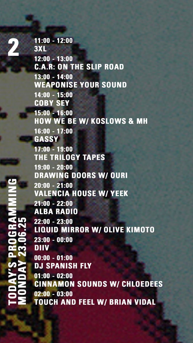 NTS Radio (@ntslive) on Twitter photo today on nts.live/2
<a href="/cobysey/">Coby Sey · コビー・セイ</a> <a href="/RussellMaurice/">Gasius</a> <a href="/TheTrilogyTapes/">The Trilogy Tapes</a> <a href="/ouririou/">Ouri</a> <a href="/imyeek/">Yeek</a> <a href="/olivekimoto/">olive 🦪 kimoto</a> <a href="/DIIV/">diiv</a> today on nts.live/2
<a href="/cobysey/">Coby Sey · コビー・セイ</a> <a href="/RussellMaurice/">Gasius</a> <a href="/TheTrilogyTapes/">The Trilogy Tapes</a> <a href="/ouririou/">Ouri</a> <a href="/imyeek/">Yeek</a> <a href="/olivekimoto/">olive 🦪 kimoto</a> <a href="/DIIV/">diiv</a>
