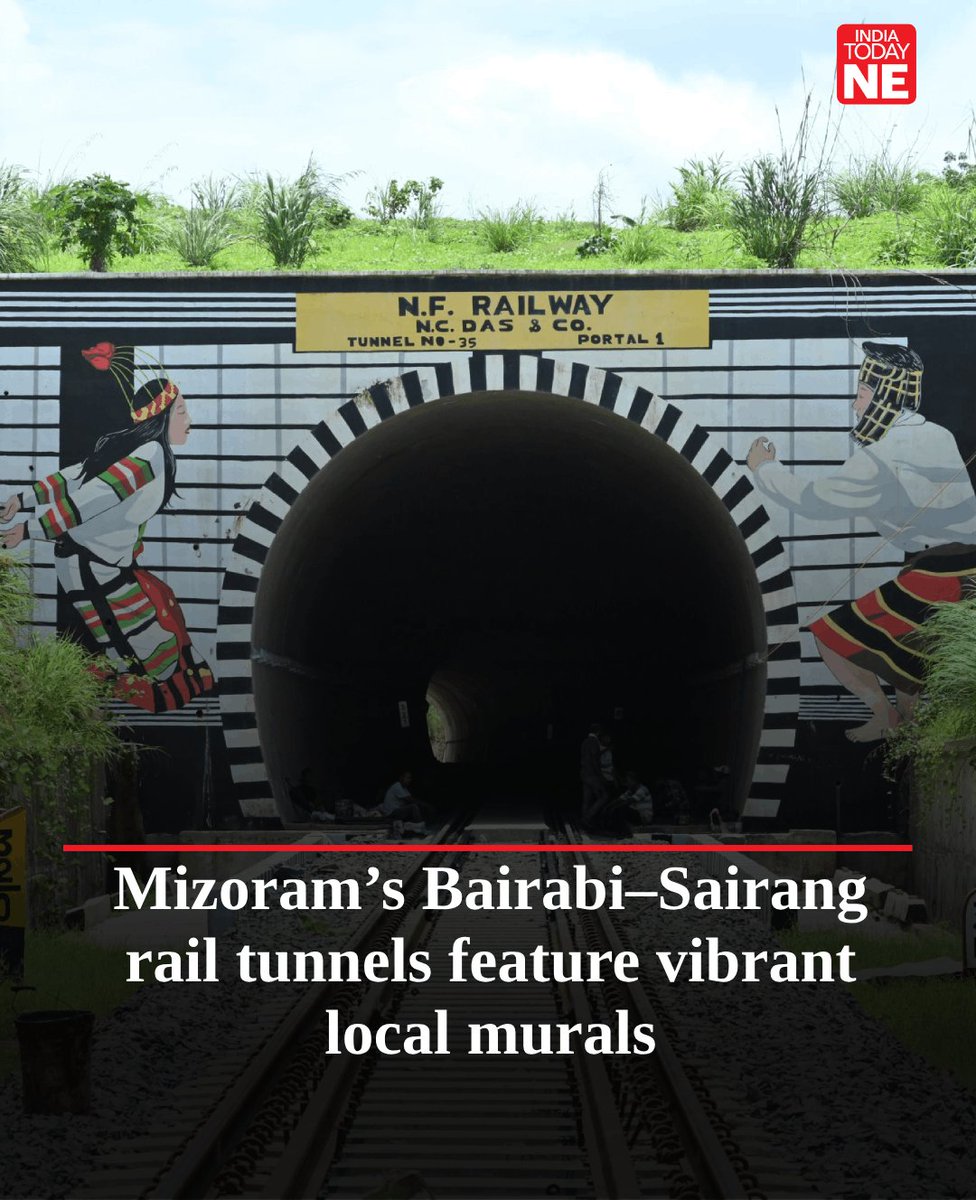IndiaTodayNE's tweet image. #Mizoram: Railway tunnels along the Bairabi - Sairang Section decorated with beautiful murals depicting rich regional cultural motifs. 

#railwaytunnels #murals #regional #culturalmotifs #northeastnews