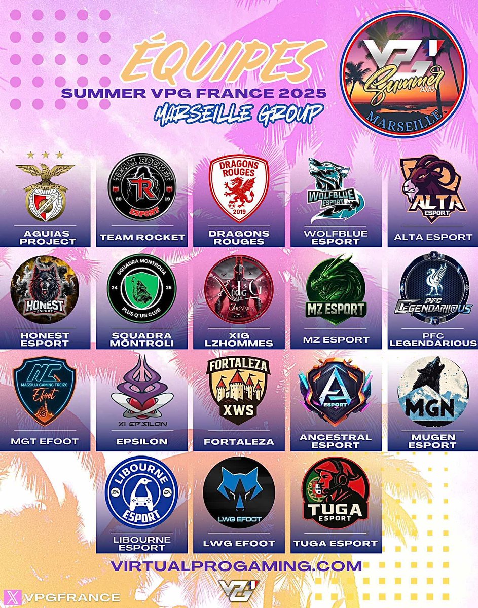 🏆 VPG France
👥 SUMMER
📅 26 Juin - 17 Juillet

Voici la liste des équipes qui participeront à la Summer VPG France :