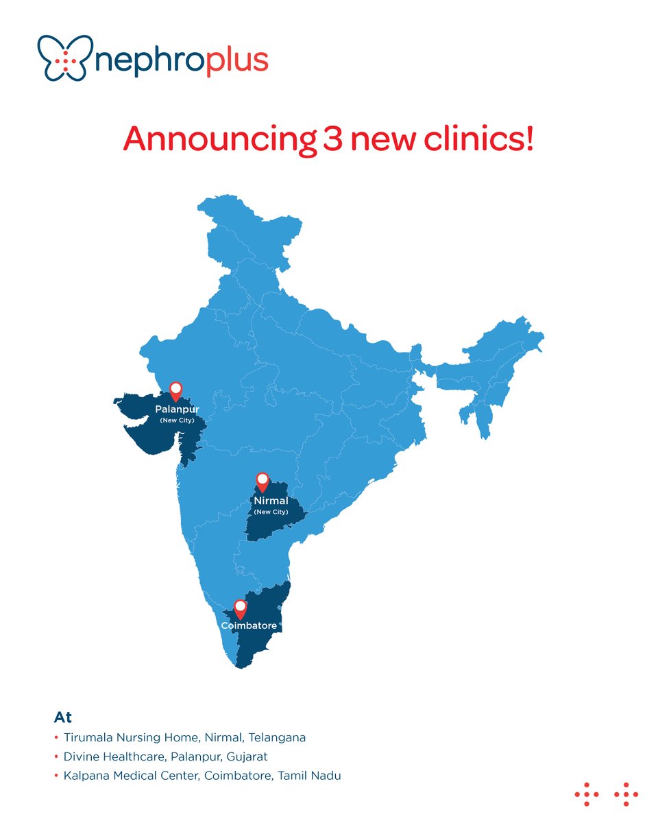 We are growing! 
NephroPlus launches 3 new dialysis clinics in Nirmal, Palanpur &amp; Coimbatore — bringing quality kidney care closer to you.

#Dialysis #KidneyCare #NephroPlus