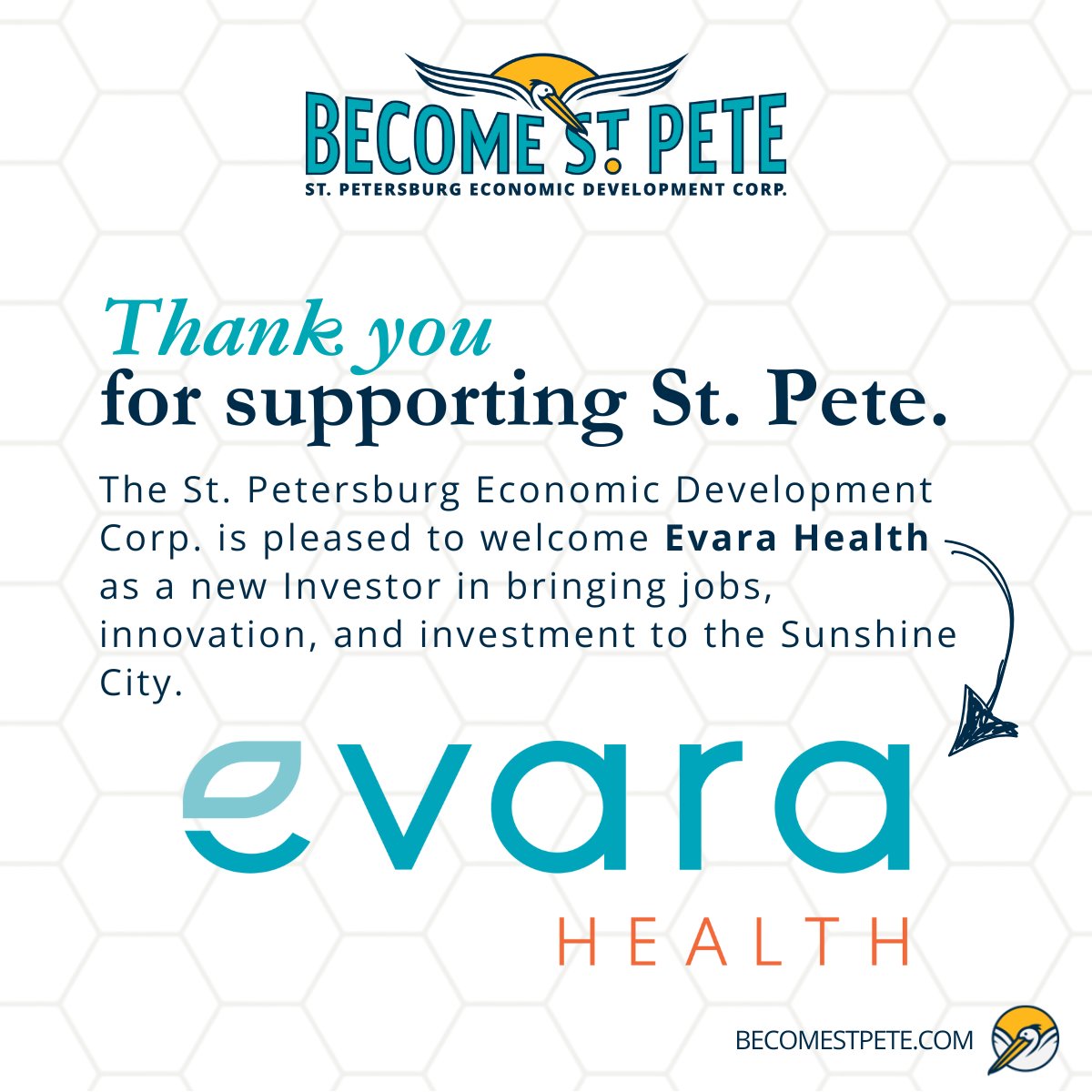 The St. Pete EDC is pleased to welcome <a href="/EvaraHealth_/">Evara Health</a> as an Investor in the EDC. Thank you for supporting our mission of helping companies discover, explore, and choose St. Pete for relocation or expansion!
#BecomeStPete #StPete #StPetersburgFL #TampaBay