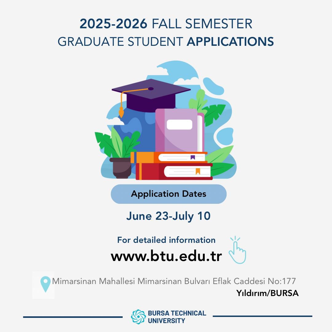 📢 2025-2026 Güz Yarıyılı Lisansüstü Öğrenci Başvuruları, Tezsiz Yüksek Lisans Öğrenci Başvuruları ve Lisansüstü Yabancı Uyruklu Öğrenci Başvuruları Başlıyor!
🗓 Başvuru Tarihleri: 23 Haziran - 10 Temmuz 2025
📌 Detaylı bilgi: enstitu.btu.edu.tr