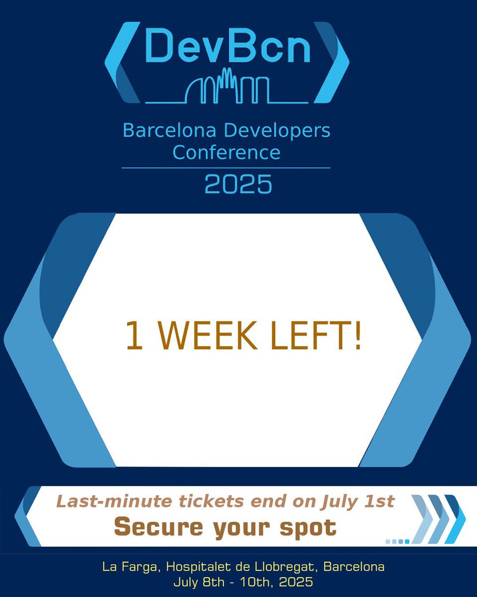 dev_bcn's tweet image. ⏳ One week left!
Last-minute tickets for #devbcn25 disappear on July 1st! 🎟️
Don’t miss your chance to join 800+ devs in Barcelona — 5 tracks, 50+ sessions, 3 days of learning.
👉 buff.ly/vhEiYMB
#TechConference #BarcelonaTech