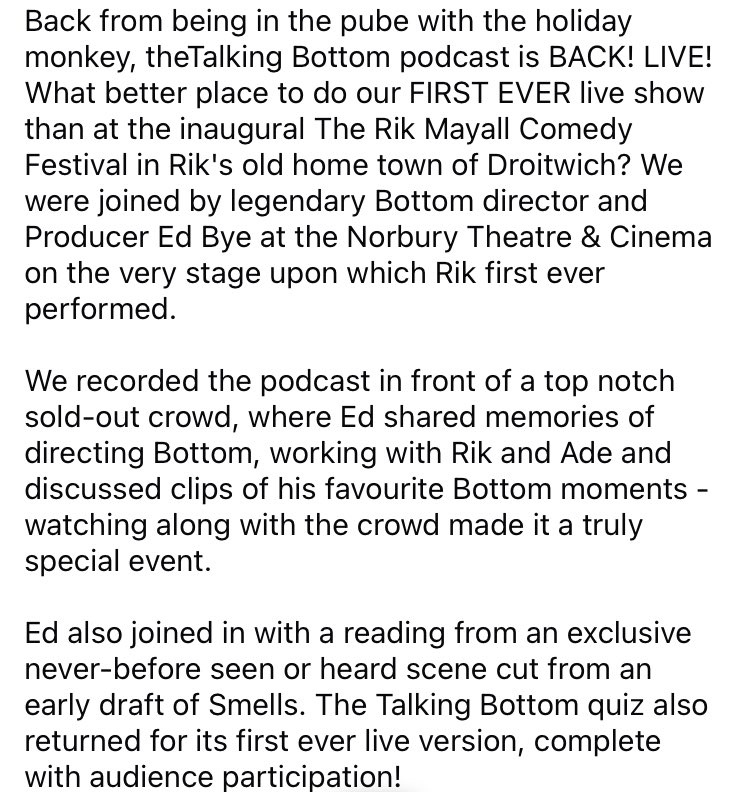 talkingbottom's tweet photo. The #TalkingBottom #podcast is BACK! LIVE! We were thrilled to interview #Bottom’s legendary Director/Producer Ed Bye on stage @NorburyTheatre at the first ever #rikmayallcomedyfestival 🤩
Listen here: https://t.co/gQvXCFpQUq
*Photo credit #AndyHollingworth
#rikmayall https://t.co/aVVRammX0t