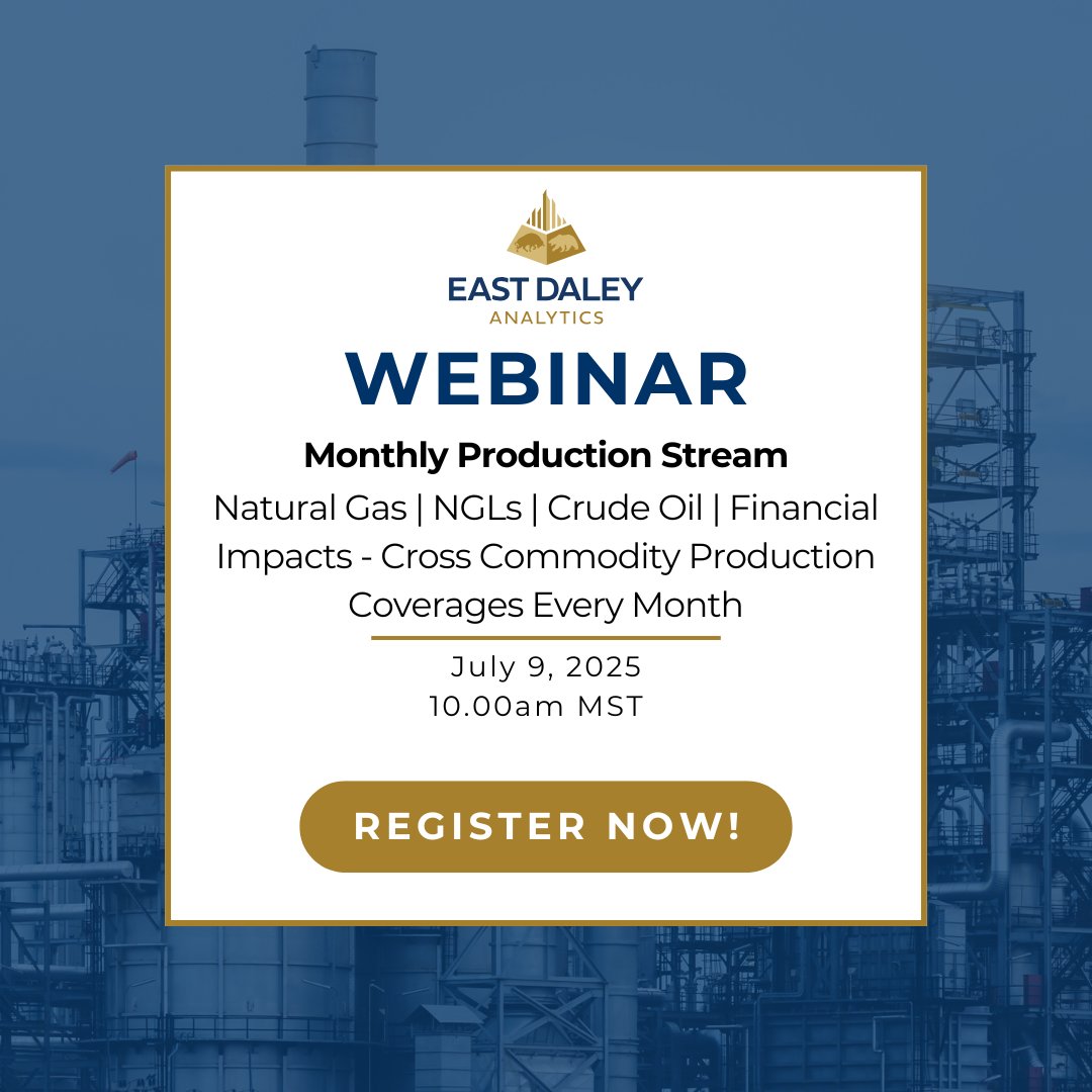 East Daley Analytics’ Monthly Oil &amp; Gas Production Webinar – your essential update on the latest production trends and midstream impacts across natural gas, natural gas liquids (NGLs) and crude oil. Spots are limited! Register: hubs.ly/Q03t5QxW0
#EneryWebinar #OilandGas