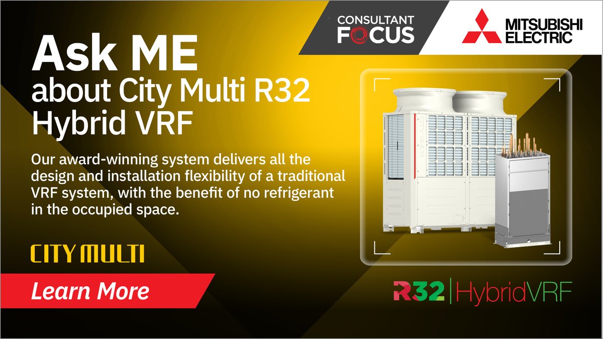 City Multi Hybrid VRF is a 2-pipe heat recovery system that offers the comfort of a chiller with the flexibility of VRF design. 
Learn More: ow.ly/K1uI50Wbz5V
#MitsubishiElectric #ConsultantFocus #CityMulti #R32 #HybridVRF