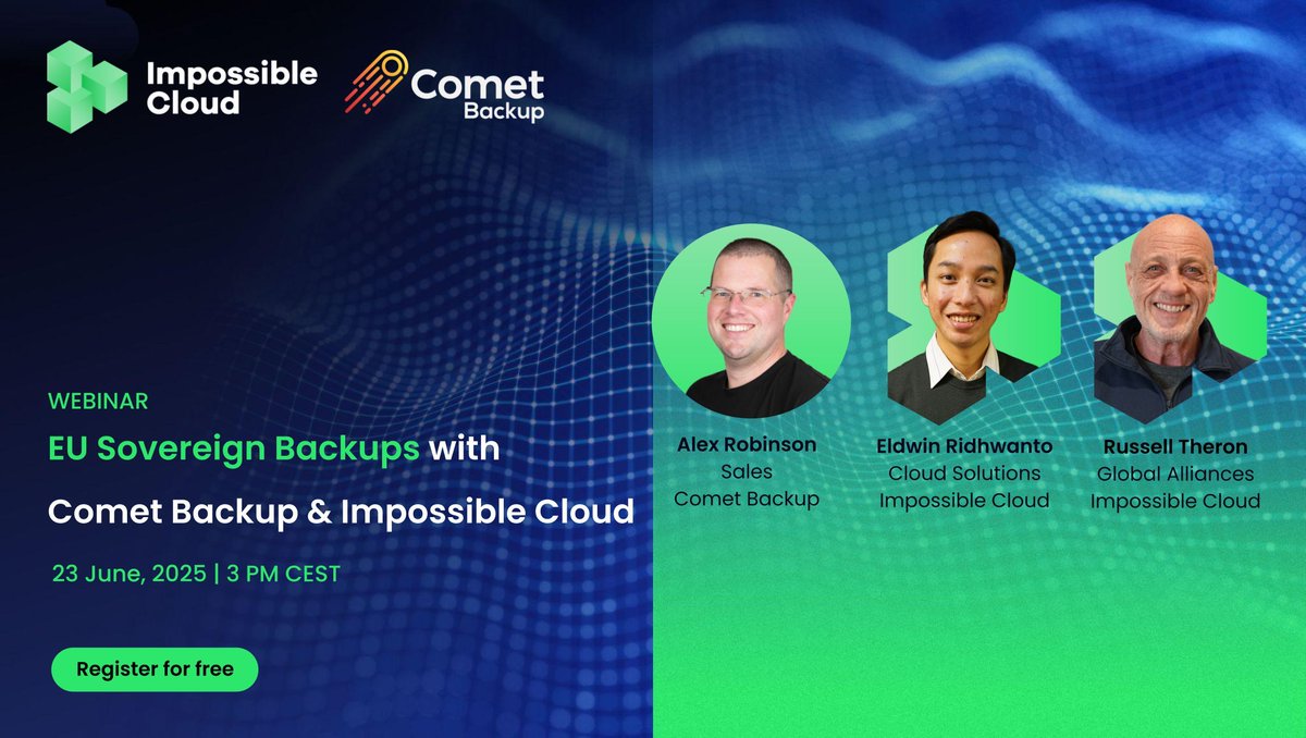 Comet Backup (@cometbackup) on Twitter photo ๐ข ONE HOUR until our webinar with <a href="/ICN_Protocol/">Impossible Cloud Network</a> โ๏ธ
Join us to learn about how to Secure Your Data in Europe with Sovereign Backups ๐
Register ๐๐ฝ buff.ly/dSIOMEA
Can't make it? You can still register to get the replay. Recording available in EN ๐ฌ๐ง, ES ๐ช๐ธ, IT ๐ฎ๐น ๐ข ONE HOUR until our webinar with <a href="/ICN_Protocol/">Impossible Cloud Network</a> โ๏ธ
Join us to learn about how to Secure Your Data in Europe with Sovereign Backups ๐
Register ๐๐ฝ buff.ly/dSIOMEA
Can't make it? You can still register to get the replay. Recording available in EN ๐ฌ๐ง, ES ๐ช๐ธ, IT ๐ฎ๐น