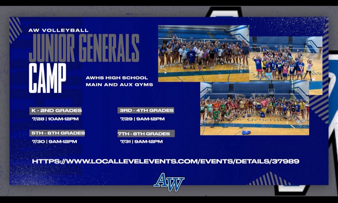 Anthony Wayne Volleyball (@awvball) on Twitter photo JULY Junior Generals Camp opportunities for all incoming K-8th grades!
<a href="/awlswa/">Waterville Primary</a> <a href="/awlswh/">Whitehouse Primary</a> <a href="/awlsmo/">Monclova Primary</a> <a href="/AWLSJH/">A. W. Junior High</a> <a href="/awlsft/">Fallen Timbers M.S.</a> <a href="/AWJHAthletics/">AWJH Athletics</a>
locallevelevents.com/events/details⦠JULY Junior Generals Camp opportunities for all incoming K-8th grades!
<a href="/awlswa/">Waterville Primary</a> <a href="/awlswh/">Whitehouse Primary</a> <a href="/awlsmo/">Monclova Primary</a> <a href="/AWLSJH/">A. W. Junior High</a> <a href="/awlsft/">Fallen Timbers M.S.</a> <a href="/AWJHAthletics/">AWJH Athletics</a>
locallevelevents.com/events/detailsā¦