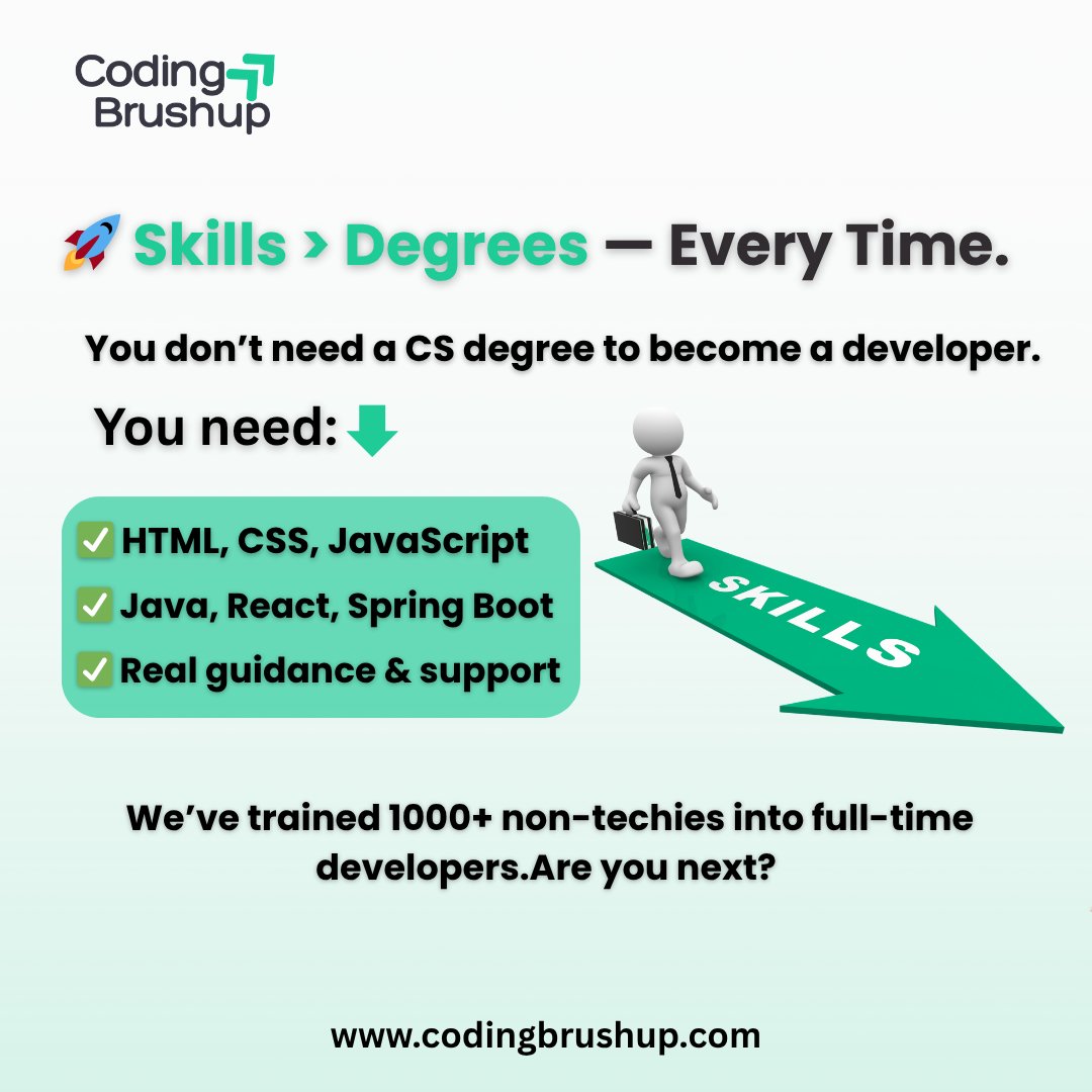 Codingbrushup's tweet image. In Tech, Skills Beat Degrees. Every Time. You don’t need a CS degree to
become a developer. You need HTML, CSS, JS, Java, React, Spring Boot —
#SkillBasedHiring #LearnCoding
#JavaBootcamp #CodingBrushUp
codingbrushup.com
