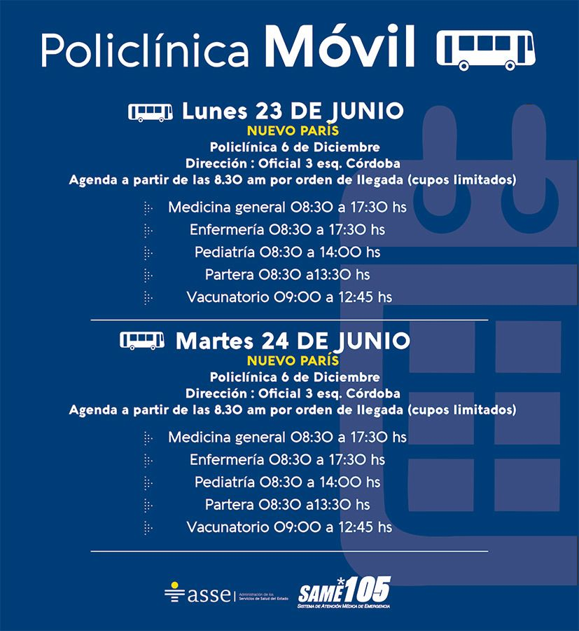🗓️ Hoy lunes 23 y mañana martes 24 de junio, la Policlínica móvil llega a Nuevo París (Montevideo).

🔢 Se atiende por orden de llegada (cupos limitados).