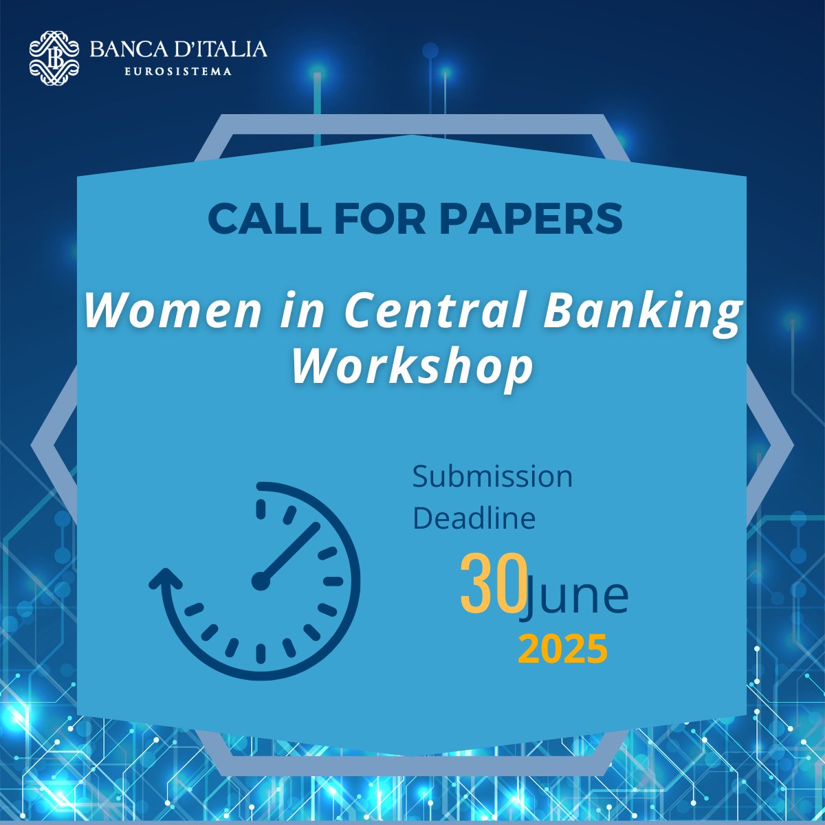 Banca d'Italia (@bancaditalia) on Twitter photo Only one week left! 📢 #CallforPapers Banca d’Italia will host the 3rd Women in Central Banking Workshop | Rome, 6-7 November 2025
The workshop is co-organized with the Federal Reserve Bank of Dallas and <a href="/NorgesBank/">Norges Bank</a>
🗓️ Submission #deadline: 30 June 2025
ℹ️ bit.ly/4c4bOee Only one week left! 📢 #CallforPapers Banca d’Italia will host the 3rd Women in Central Banking Workshop | Rome, 6-7 November 2025
The workshop is co-organized with the Federal Reserve Bank of Dallas and <a href="/NorgesBank/">Norges Bank</a>
🗓️ Submission #deadline: 30 June 2025
ℹ️ bit.ly/4c4bOee