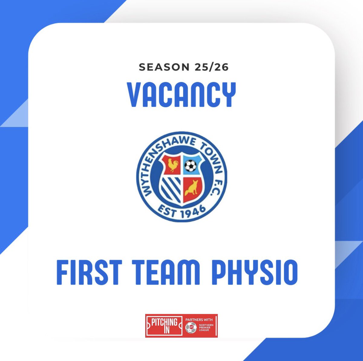 Wythenshawe Town FC (@wtfc1946) on Twitter photo 🚨 Join our Team 🚨
Experienced First Team Physio Vacancy available.
Please contact Media@wythenshawetownfc.co.uk for all enquiries 🤝 🚨 Join our Team 🚨
Experienced First Team Physio Vacancy available.
Please contact Media@wythenshawetownfc.co.uk for all enquiries 🤝