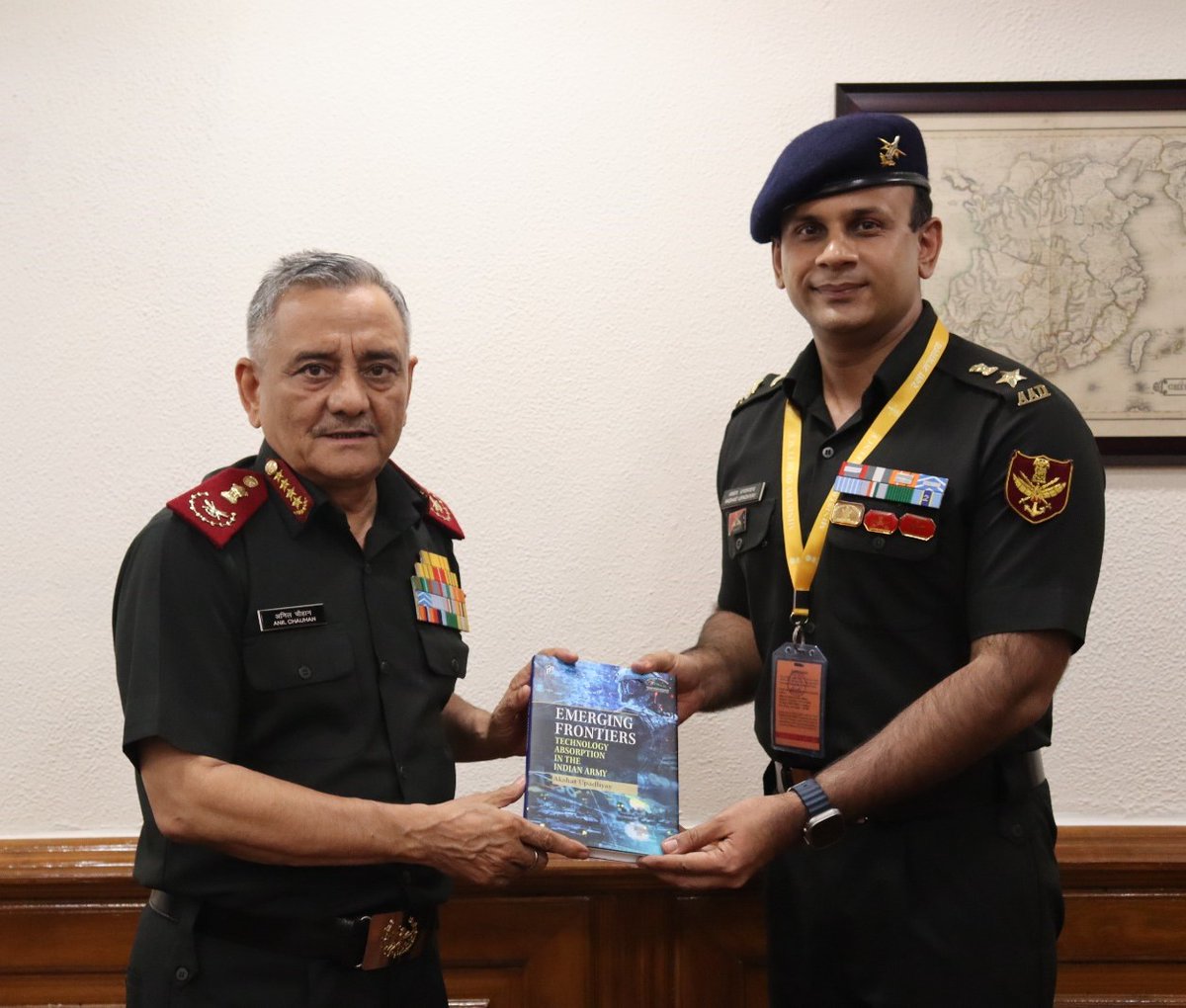 Lt Col Akshat Upadhyay, a serving officer with #HQ_IDS presented his book ‘Emerging Frontiers: Technology Absorption in the Indian Army’ to General Anil Chauhan, Chief of Defence Staff #CDS.

The book tackles a defining challenge of the present time : how can militaries absorb